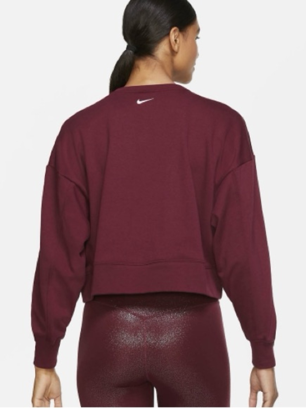 Nike Women's Burgundy Cropped Crew Sweatshirt with Glitter Swoosh - Picture 2 of 8